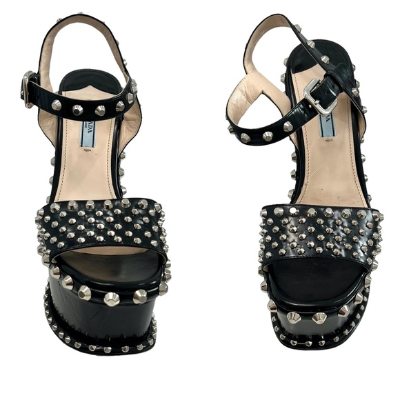 PRADA BLACK SPAZZOLATO STUDDED PLATFORM SANDAL - Picture 16 of 16